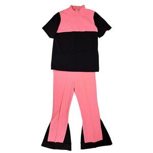 Vintage Handmade Pant Suit Pink Black Top Polyester 2 Piece 1970s Women Large